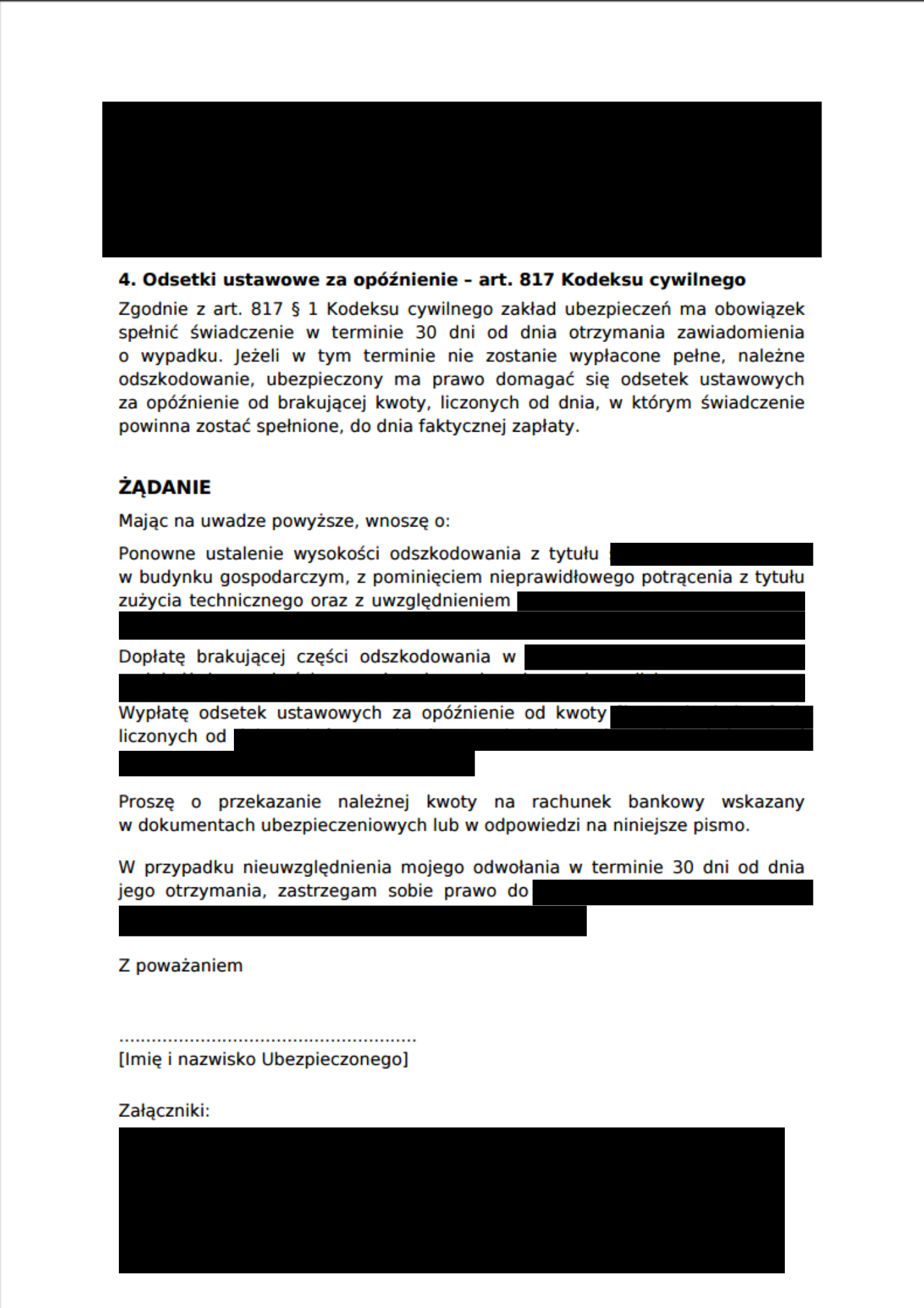 Zanonimizowana trzecia strona Gotowego Odwołania z końcowymi żądaniami, podpisem i listą załączników.