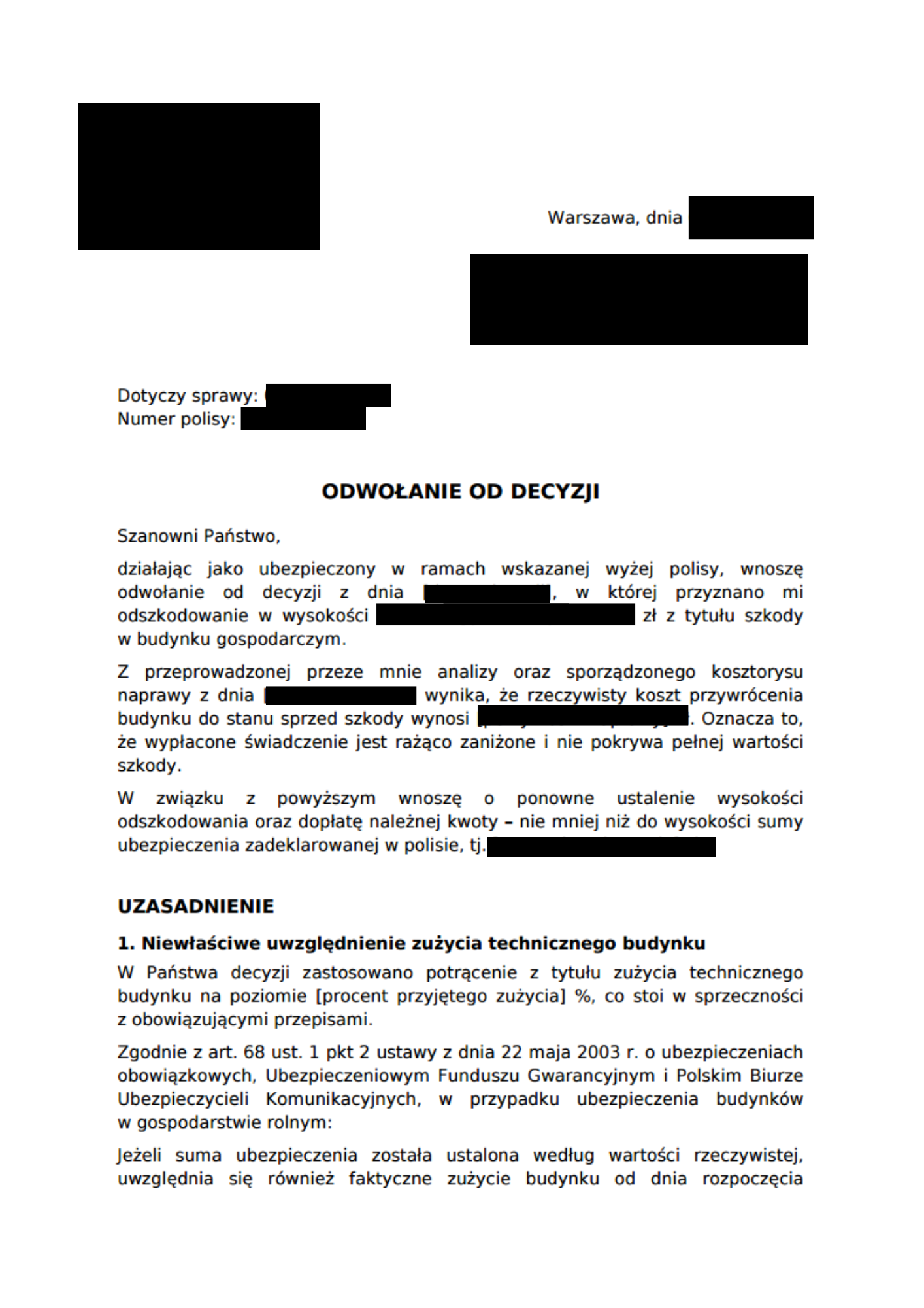 Zanonimizowana pierwsza strona Gotowego Odwołania z oznaczeniem sprawy i początkiem uzasadnienia.