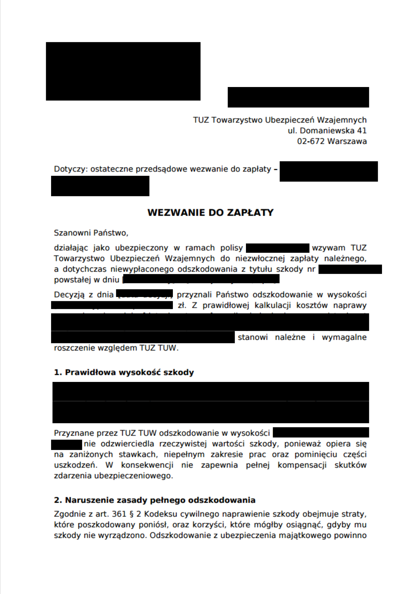 Fragment zanonimizowanego Wezwania do Zapłaty OdwołAI.