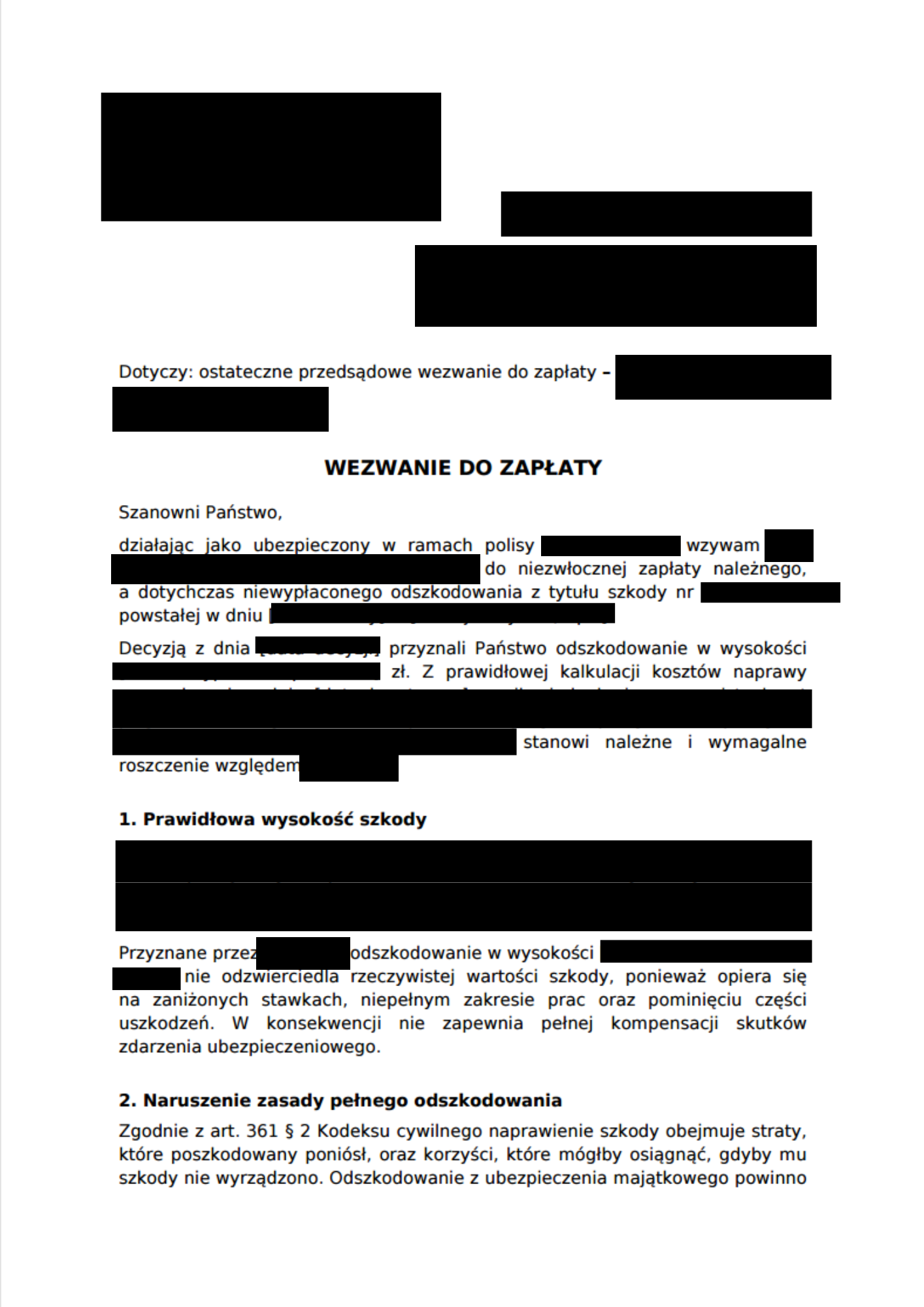 Zanonimizowana pierwsza strona Wezwania do Zapłaty z opisem sprawy i podstawą żądania.