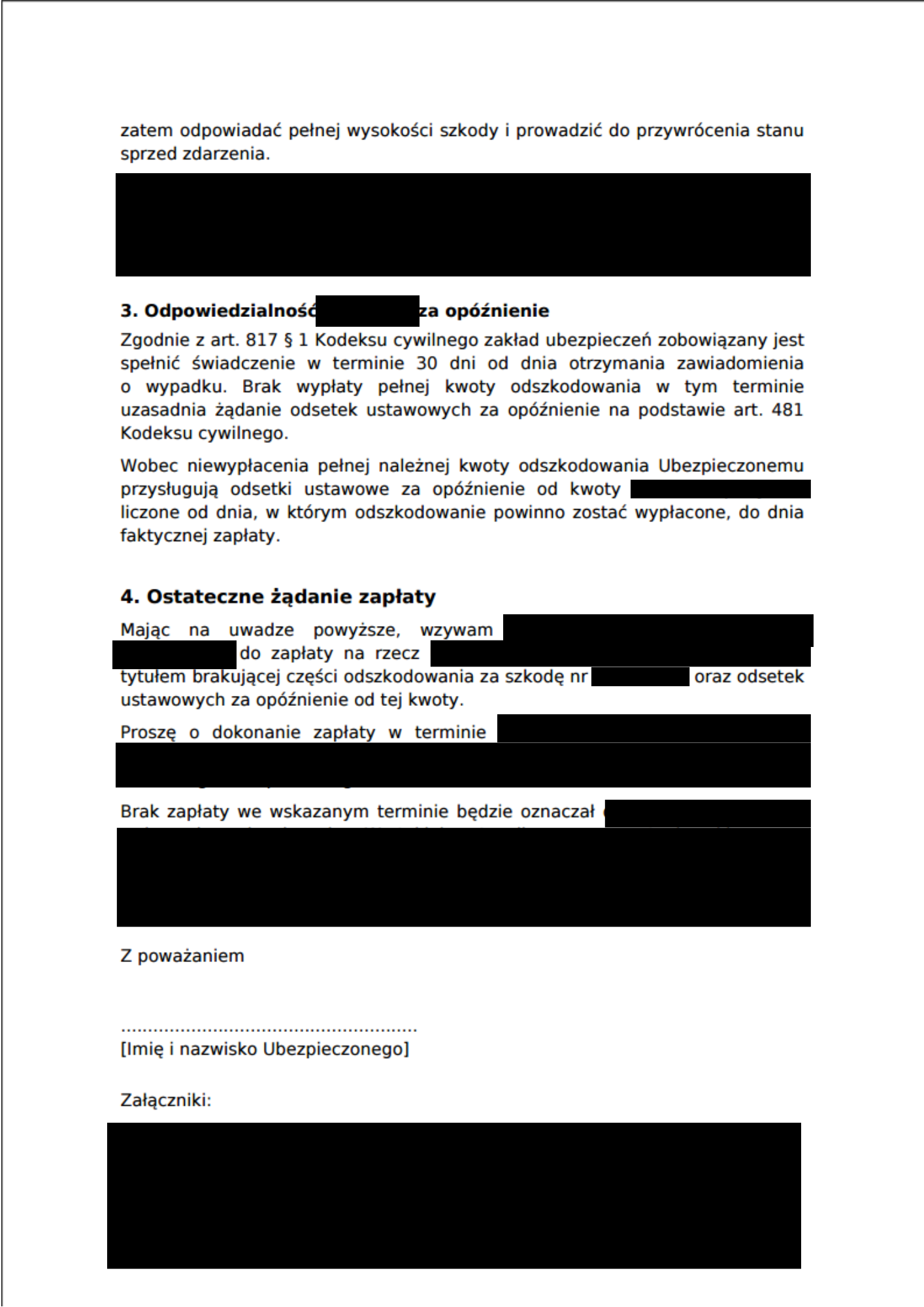 Zanonimizowana druga strona Wezwania do Zapłaty z terminem zapłaty, odsetkami, podpisem i załącznikami.