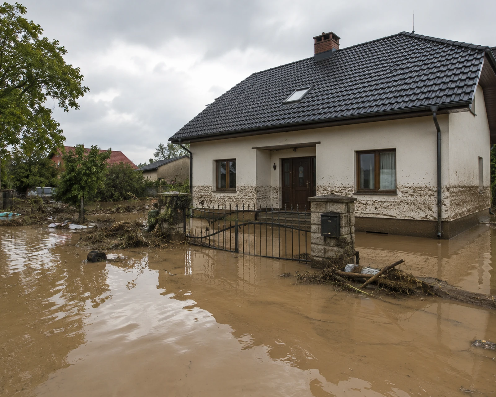 Dom po powodzi otoczony wodą z widocznymi śladami osadu na elewacji