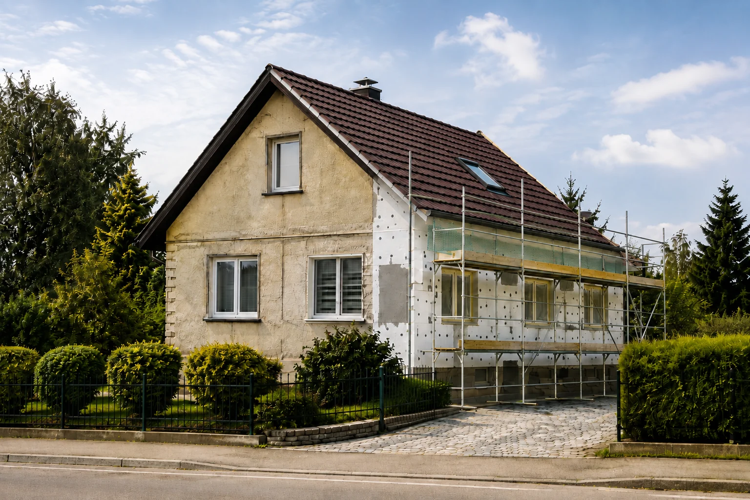 Starszy dom z częścią elewacji w trakcie termomodernizacji