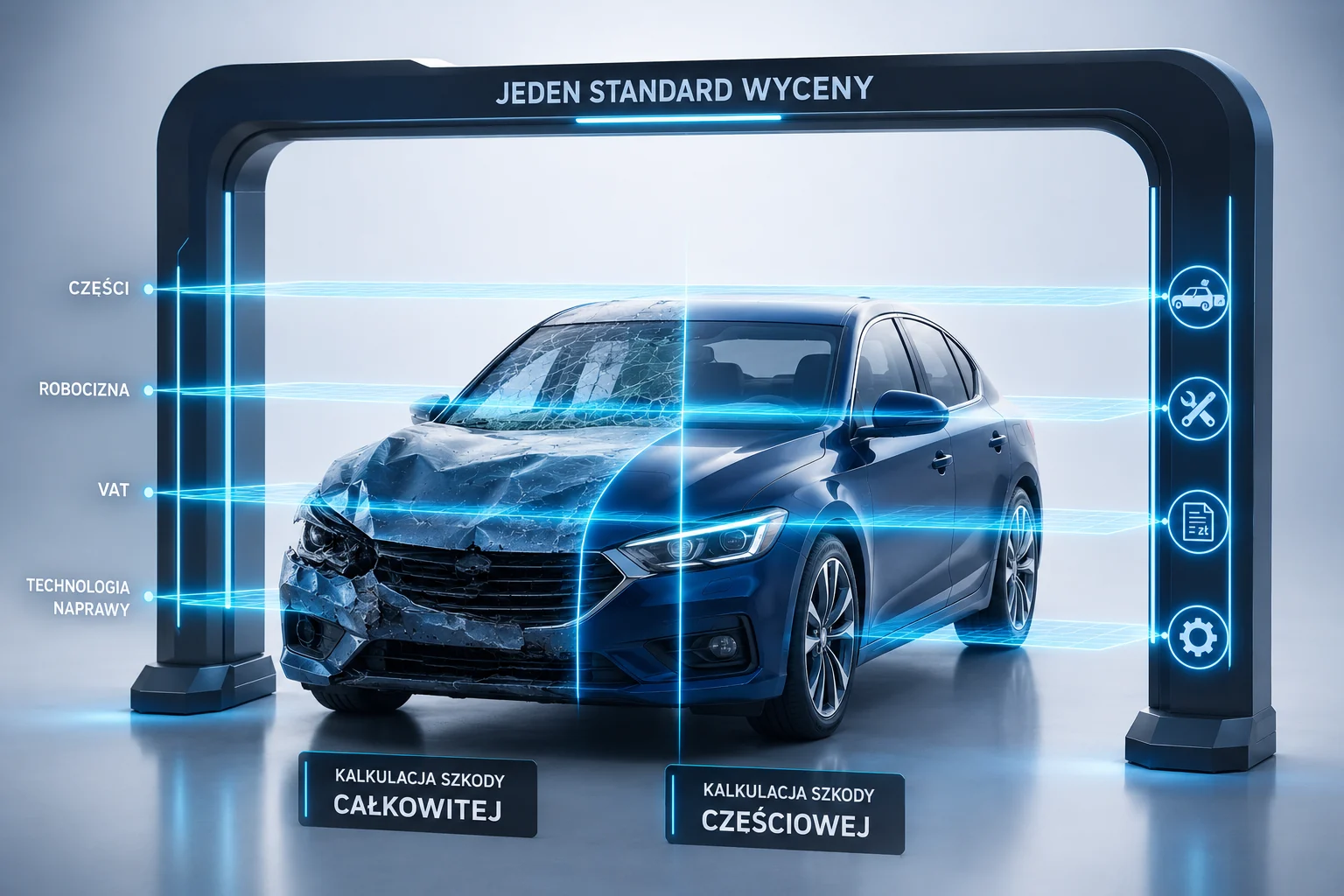 Samochód przedstawiony w dwóch wariantach szkody, sprawdzany według jednego standardu wyceny obejmującego części, robociznę, VAT i technologię naprawy.