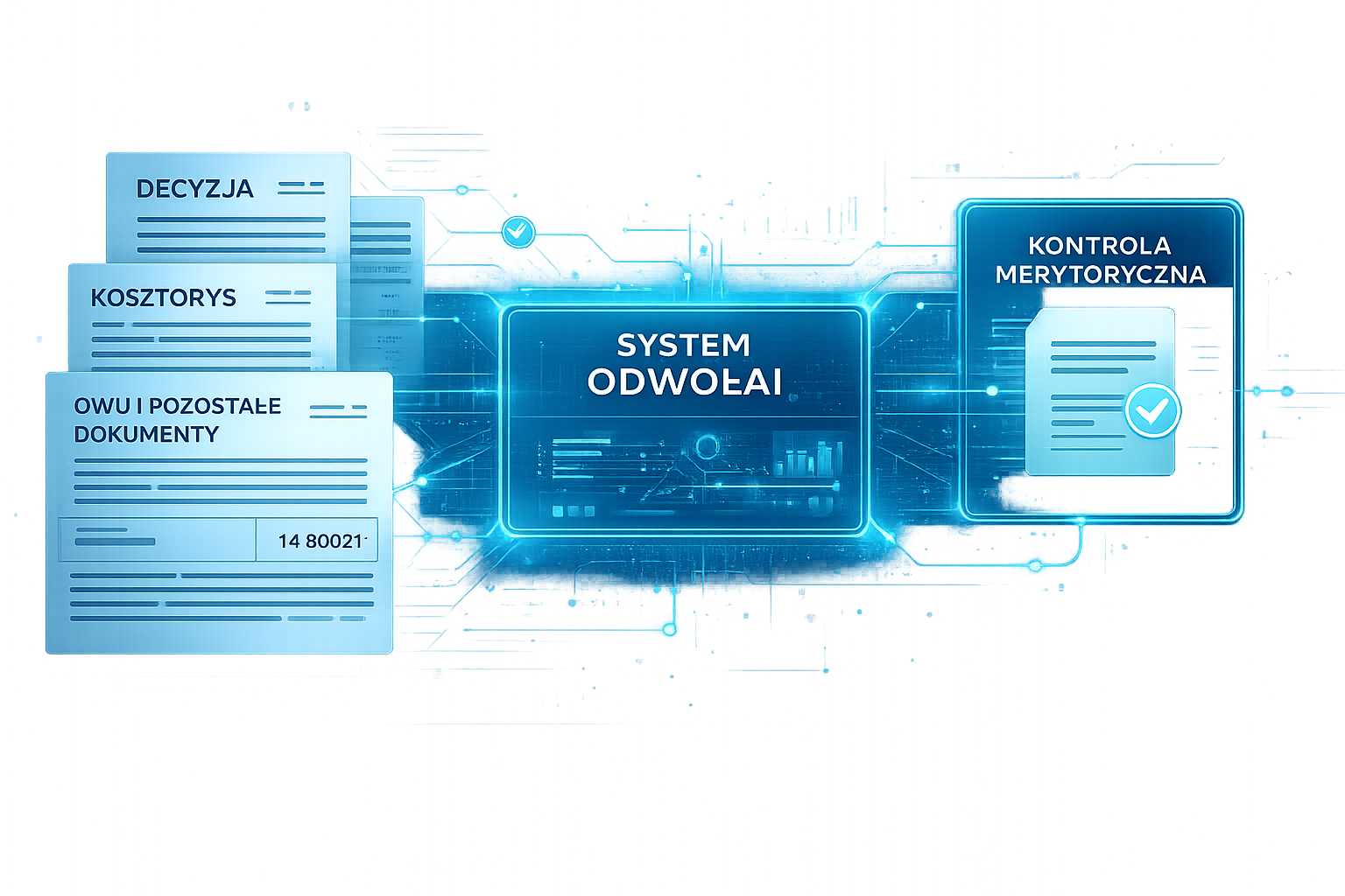 Schemat działania systemu OdwołAI: dokumenty, analiza i kontrola merytoryczna.