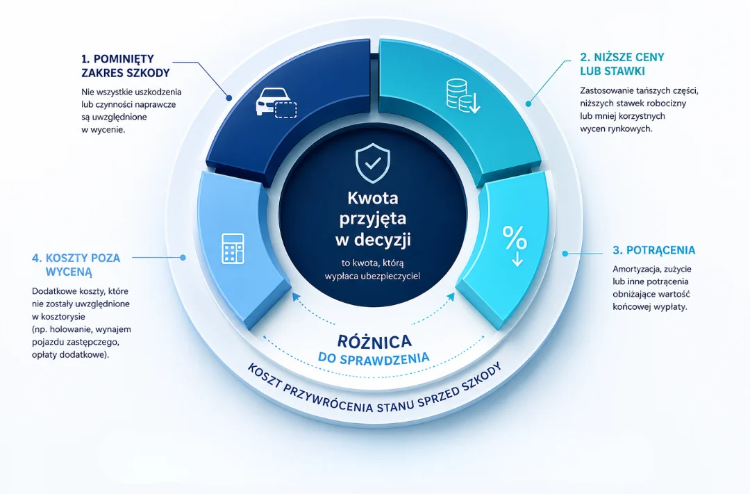 Diagram pokazujący cztery obszary mogące obniżyć wypłatę: pominięty zakres szkody, niższe ceny lub stawki, potrącenia oraz koszty poza wyceną.