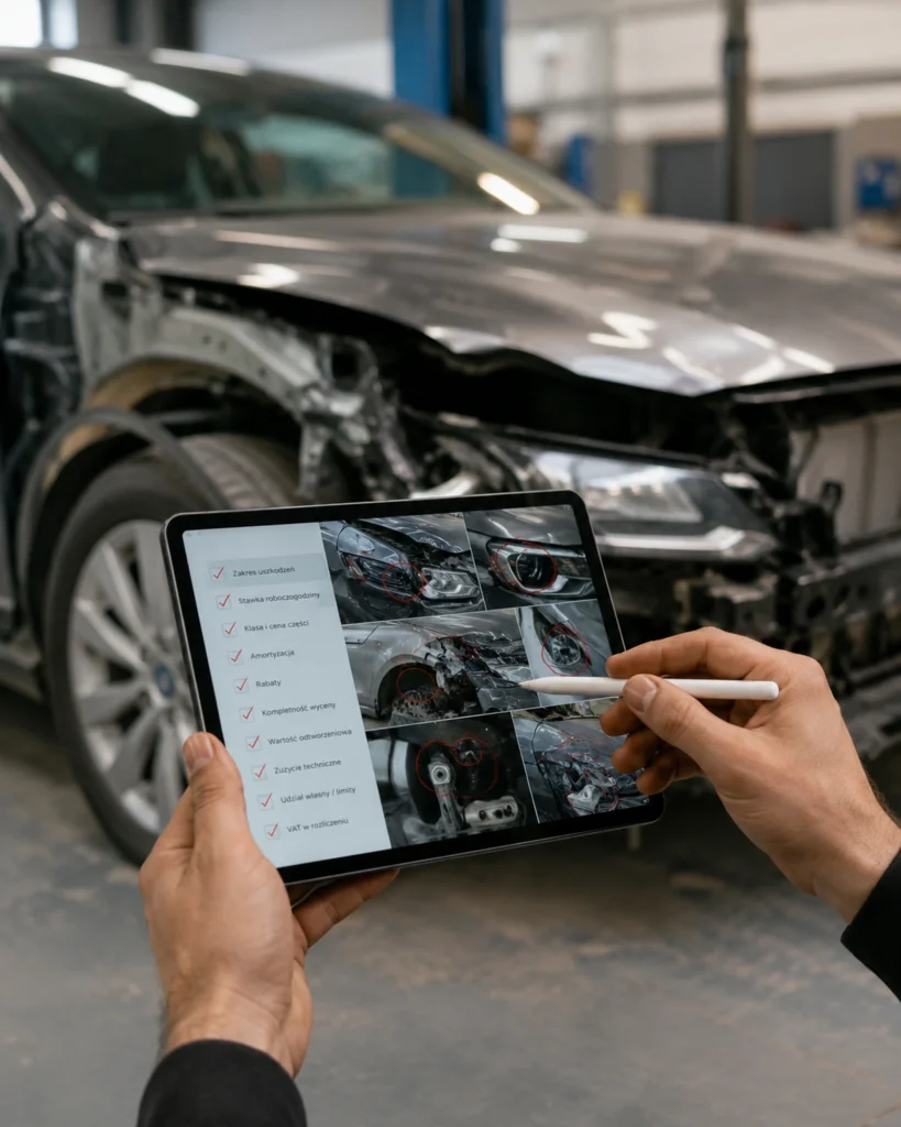 Technik analizujący uszkodzenia samochodu na tablecie w warsztacie samochodowym.