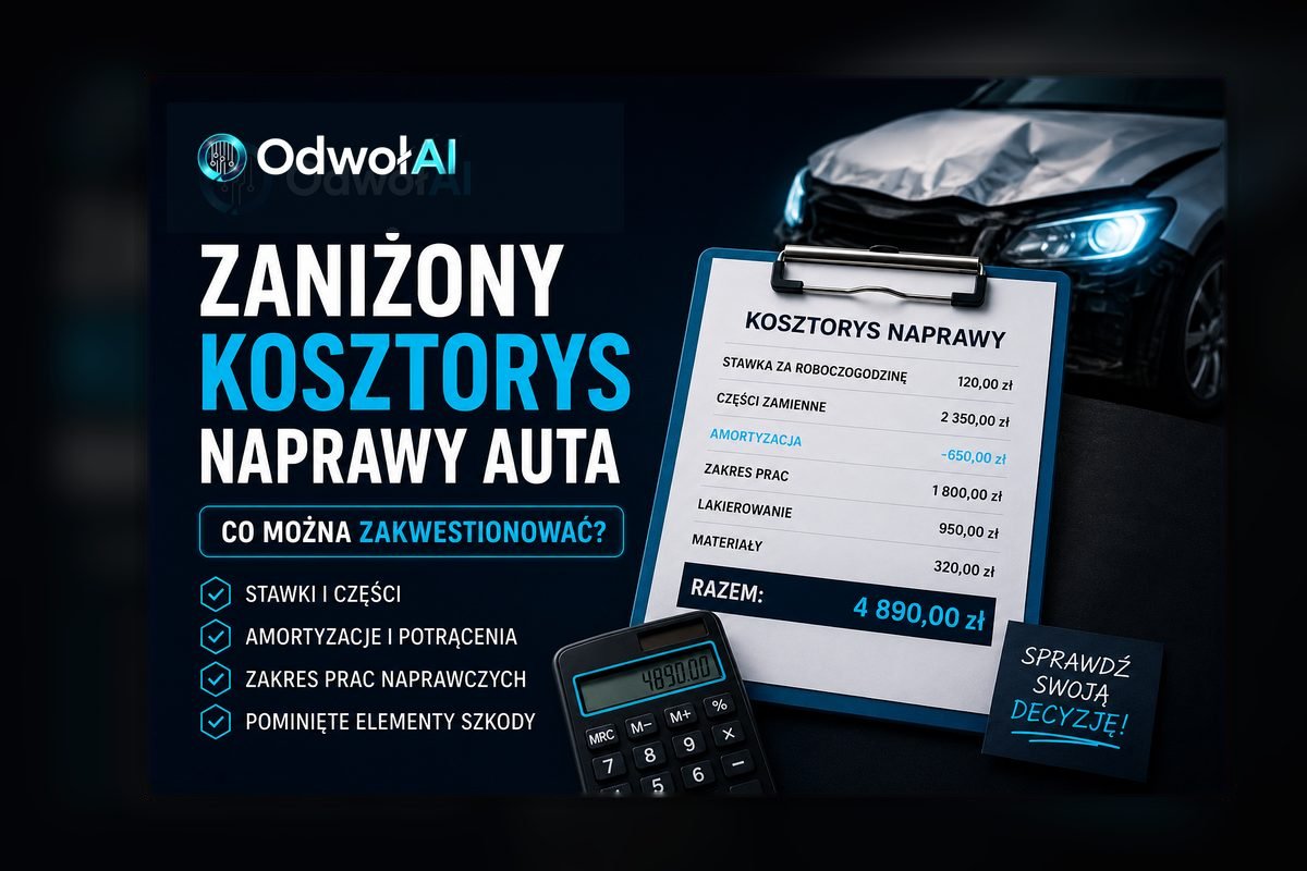 Grafika przedstawiająca zaniżony kosztorys naprawy auta, dokument z wyceną szkody oraz uszkodzony samochód.