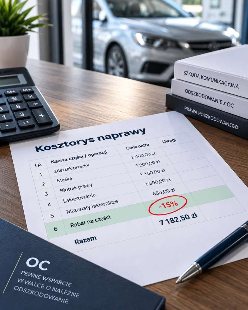 Kosztorys naprawy samochodu z zaznaczonym rabatem na części w wysokości 15 procent.